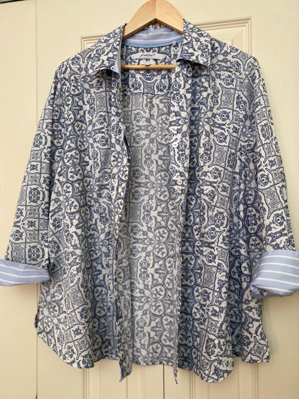 Foxcroft Blue and White Printed Blouse